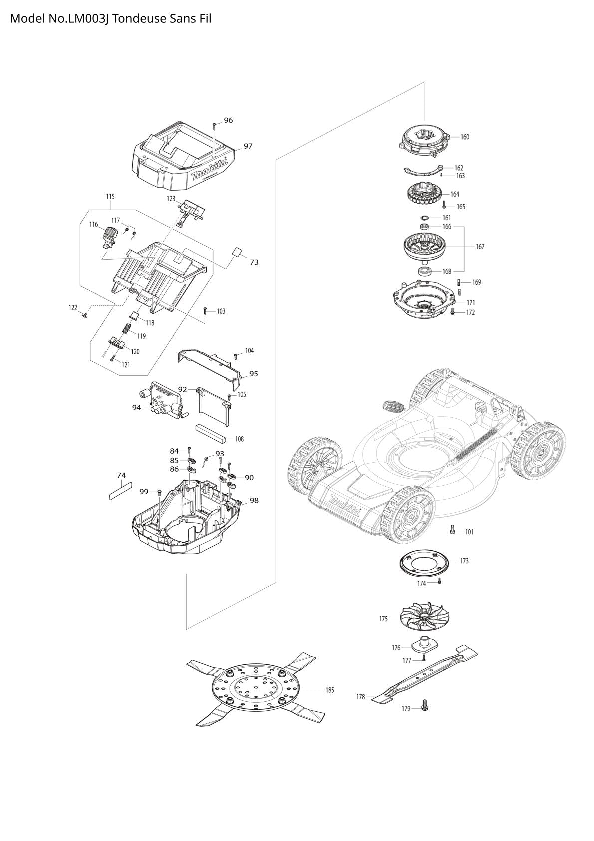 Pièces détachées tondeuse à gazon sans fil Makita LM003J