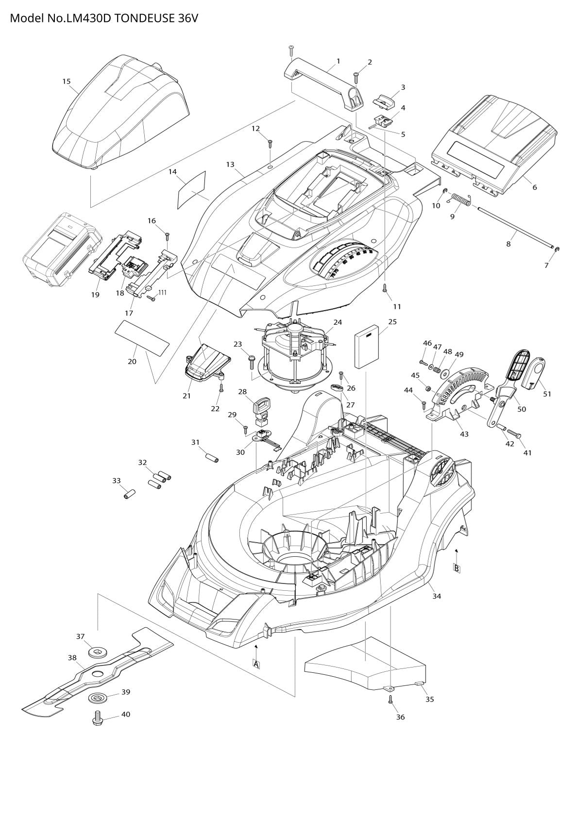 Pièces détachées tondeuse à gazon sans fil Makita LM430D