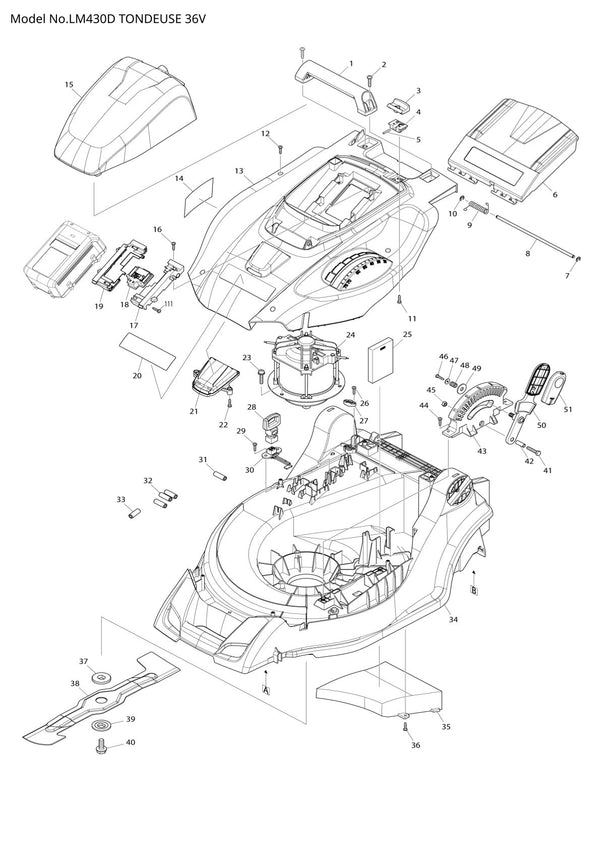 Pièces détachées tondeuse à gazon sans fil Makita LM430D
