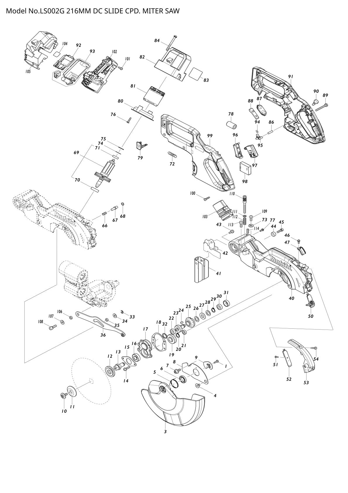 Pièces détachées scie à onglets radiale sans fil Makita LS002G