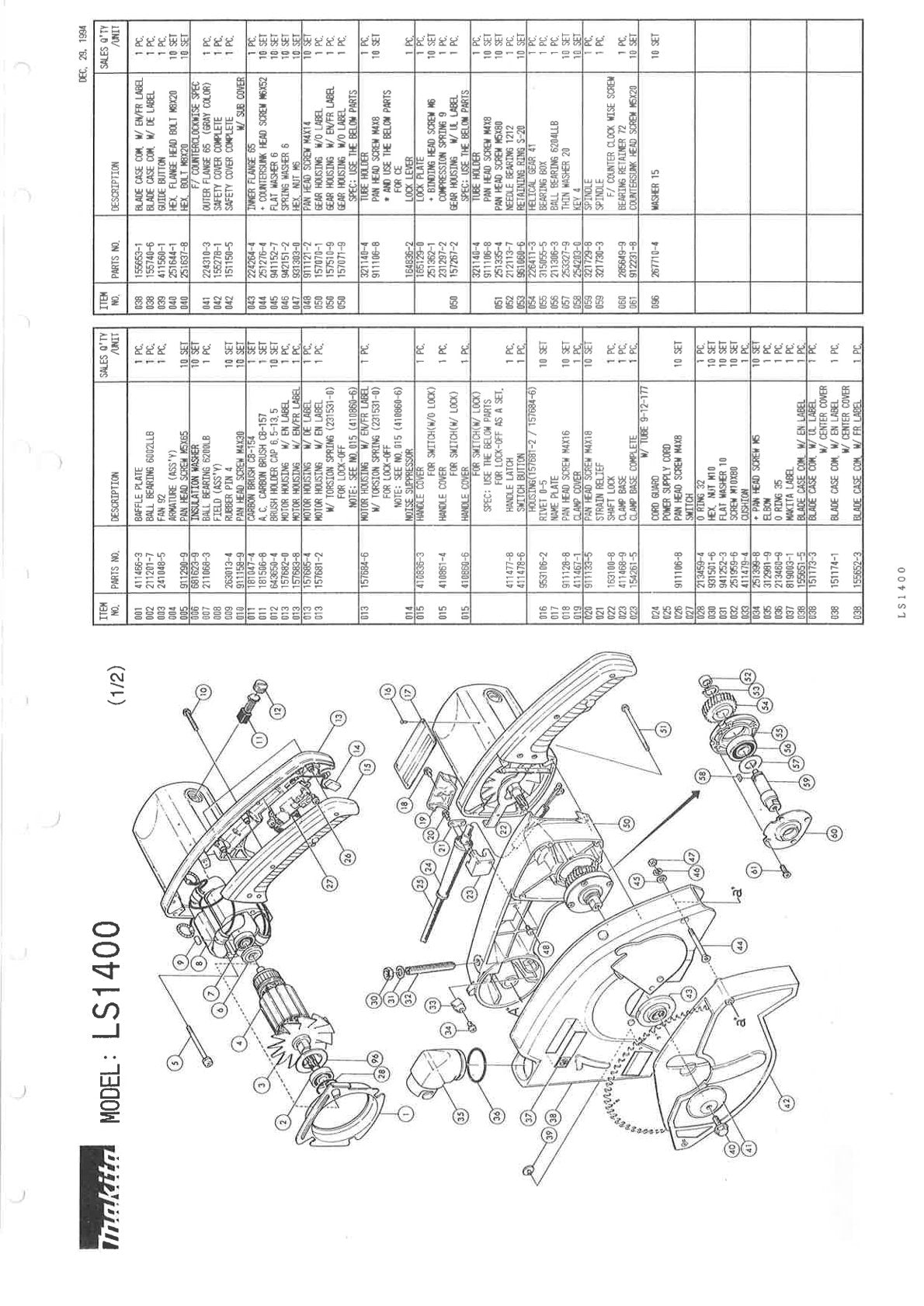 Pièces détachées scie à onglets radiale Makita LS1400