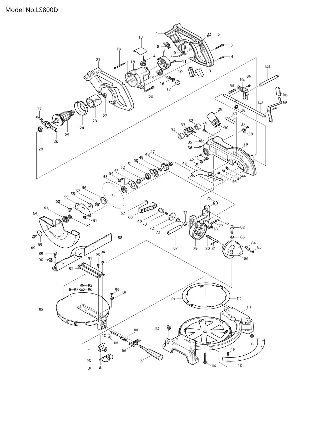 Pièces détachées scie à onglets sans fil Makita LS800D
