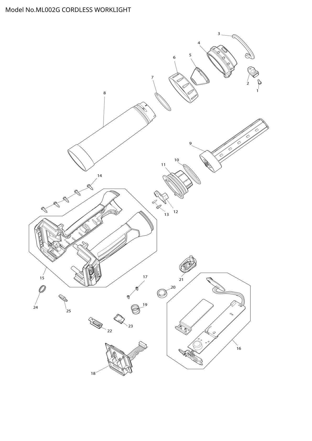 Pièces détachées lampe de chantier sans fil Makita ML002G