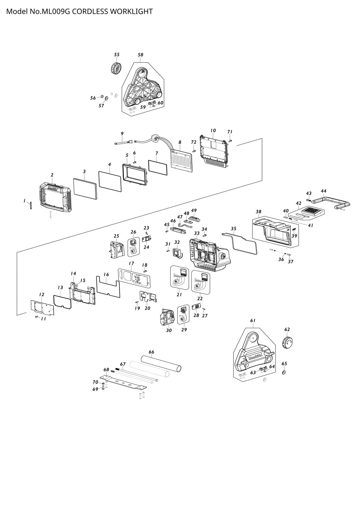 Pièces détachées lampe de chantier sans fil Makita ML009G