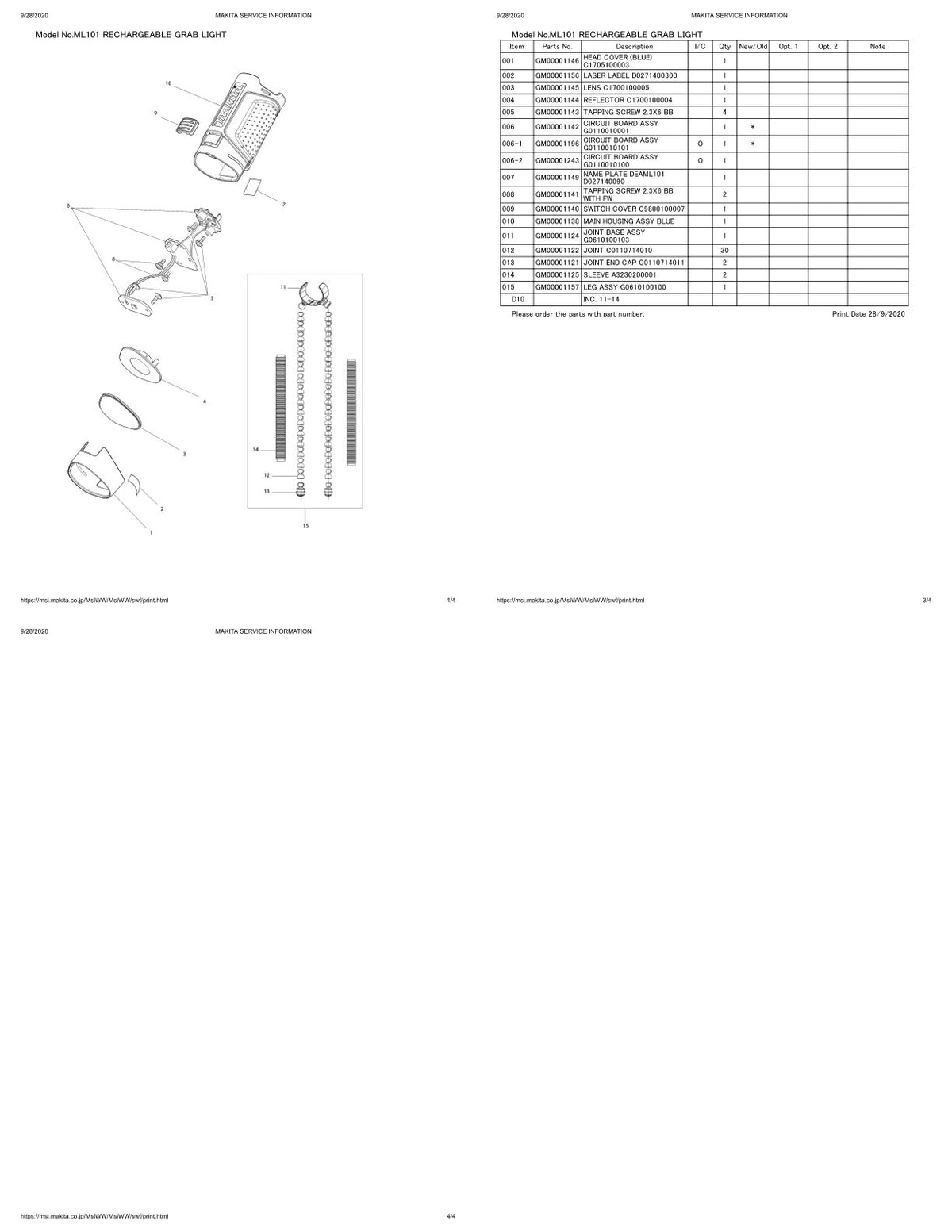 Pièces détachées lampe de chantier Makita ML101