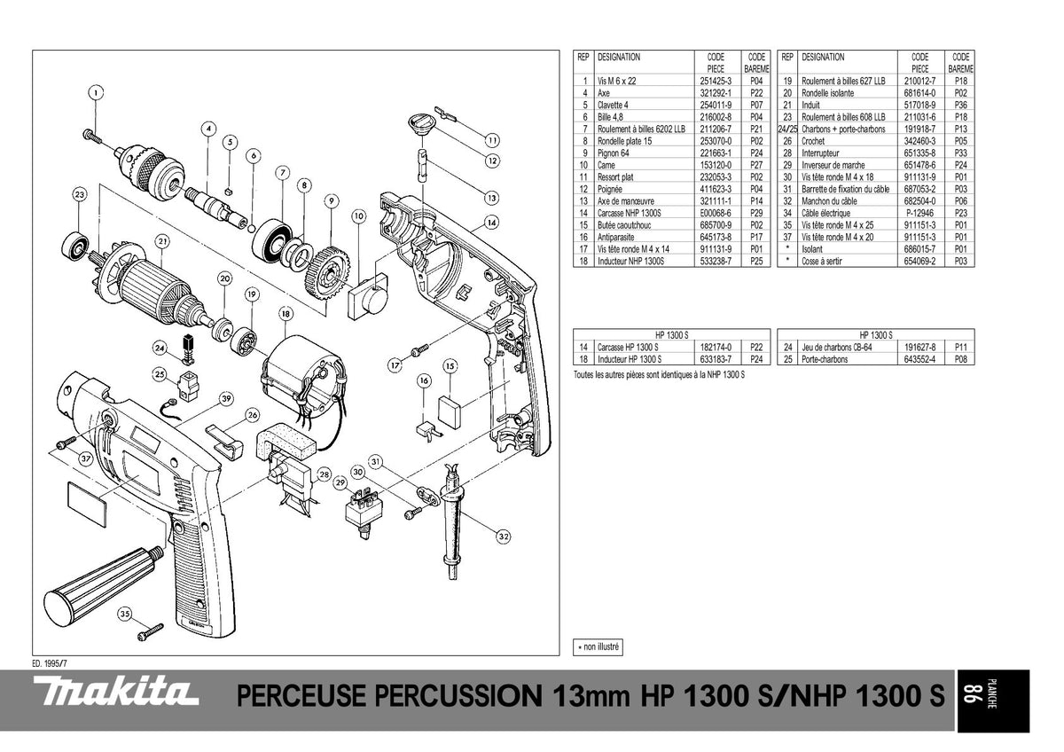 Pièces détachées perceuse Makita NHP1300S