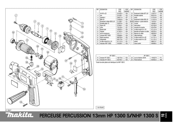 Pièces détachées perceuse Makita NHP1300S