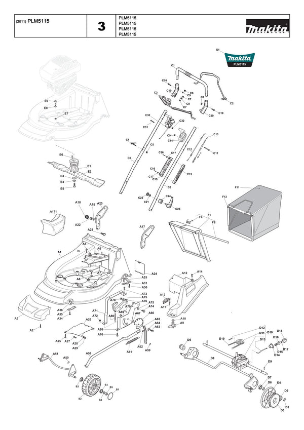 Pièces détachées tondeuse à gazon électrique Makita PLM5115