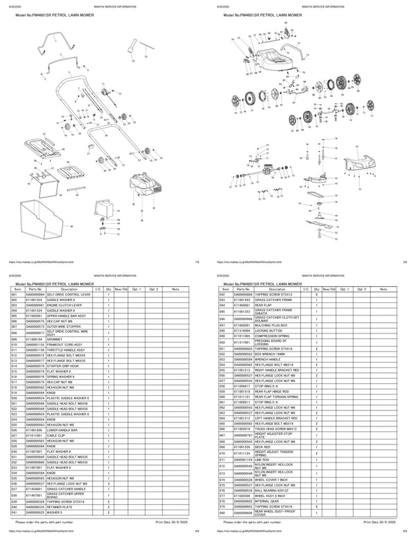 Pièces détachées tondeuse à gazon thermique Makita PM4601SR