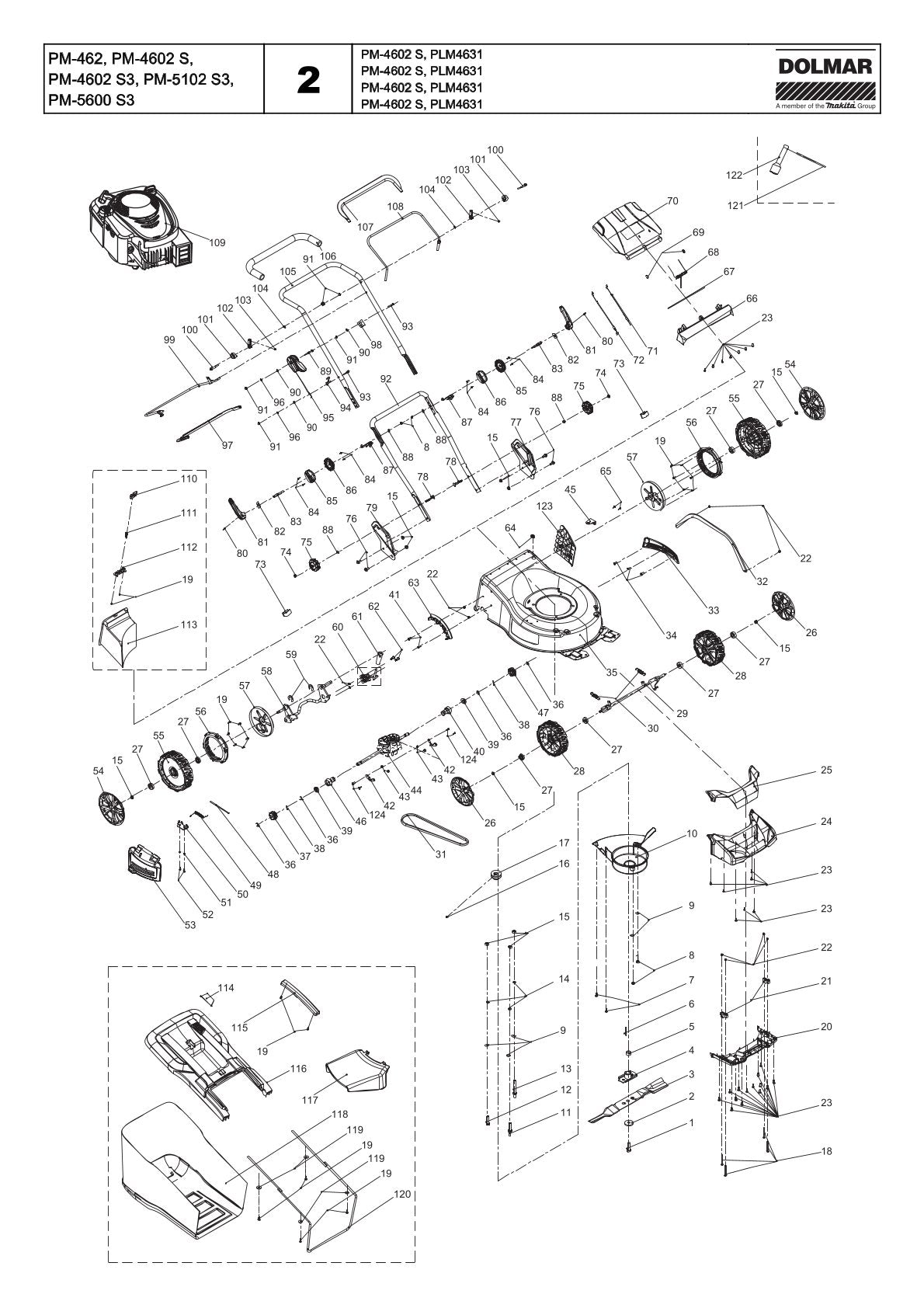 Pièces détachées tondeuse à gazon thermique Makita PM4602S3C