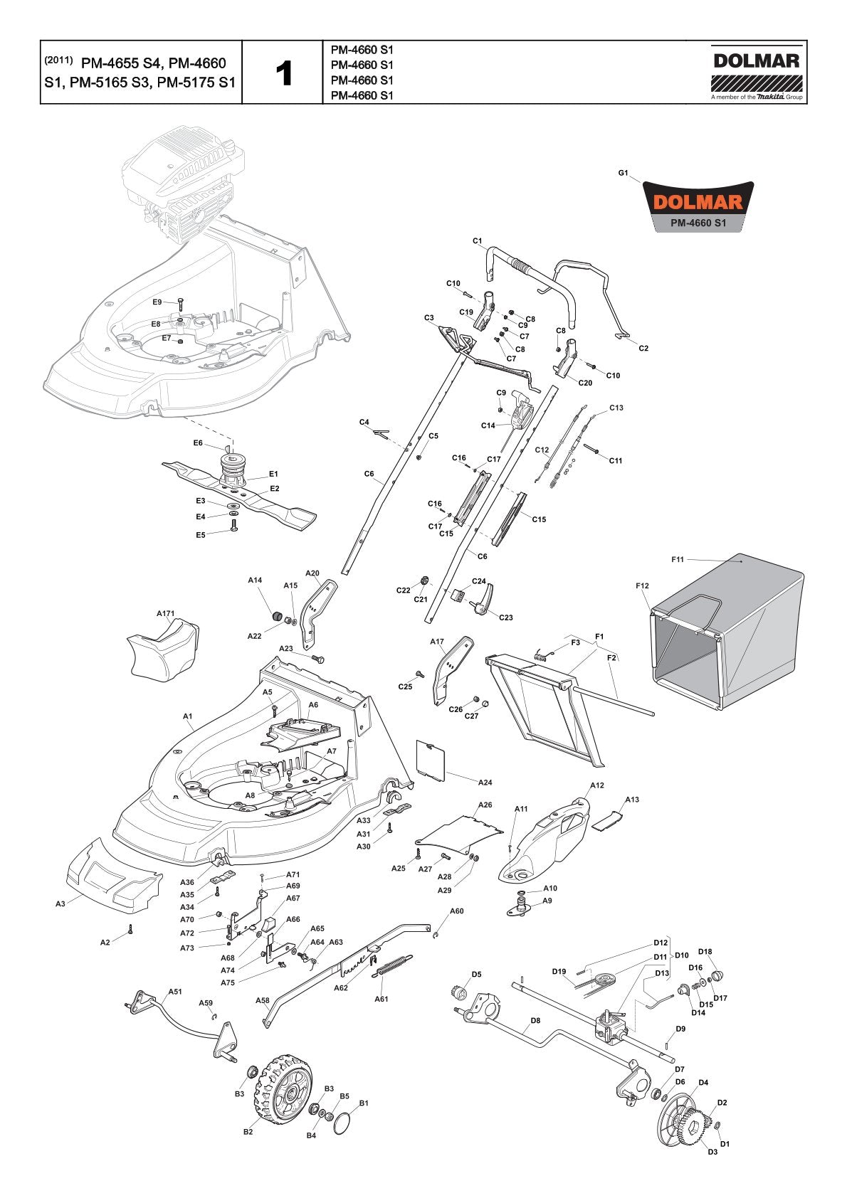 Pièces détachées tondeuse à gazon thermique Makita PM5165S3