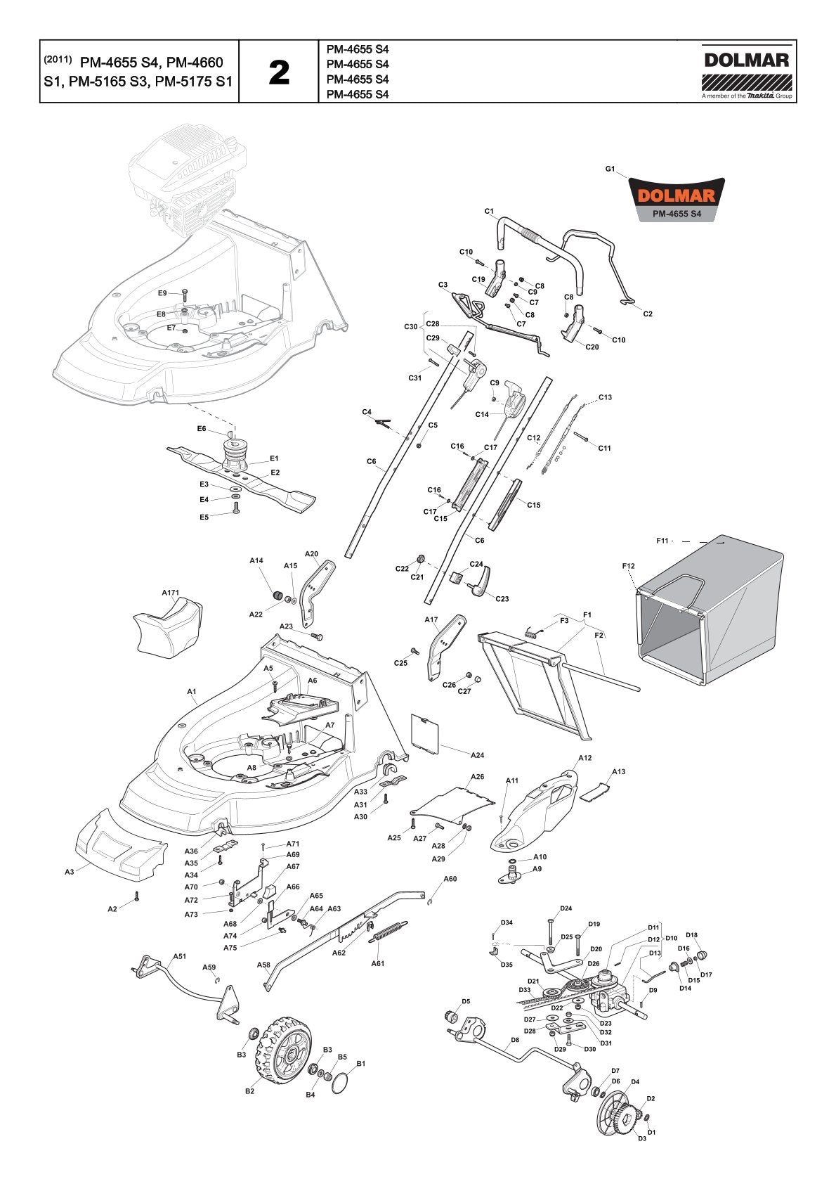Pièces détachées tondeuse à gazon thermique Makita PM5165S3