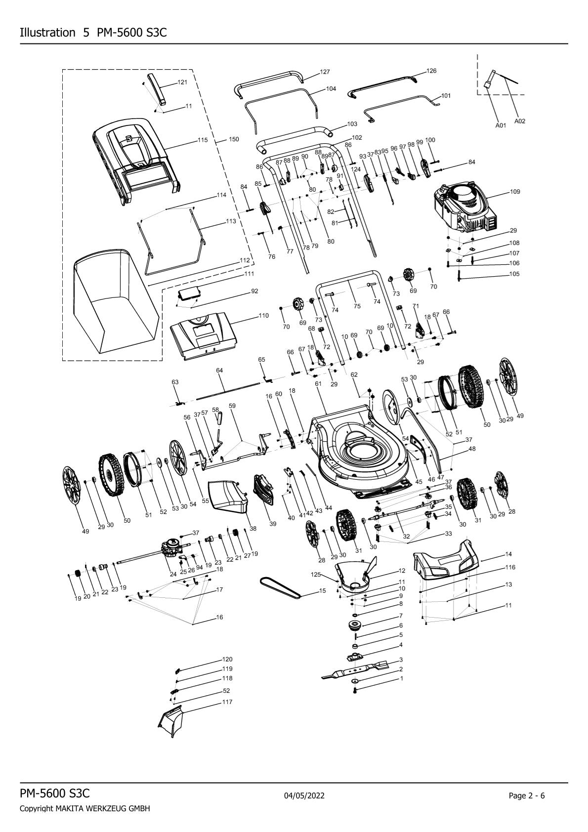 Pièces détachées tondeuse à gazon thermique Makita PM5600S3C
