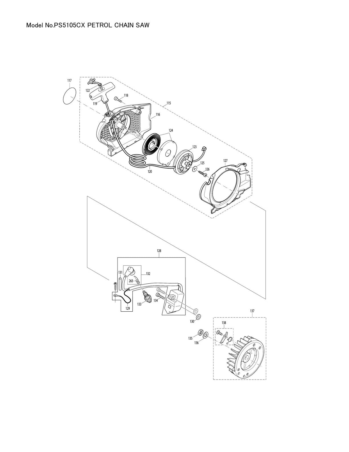 Pièces détachées tronçonneuse thermique Makita PS-5105CX