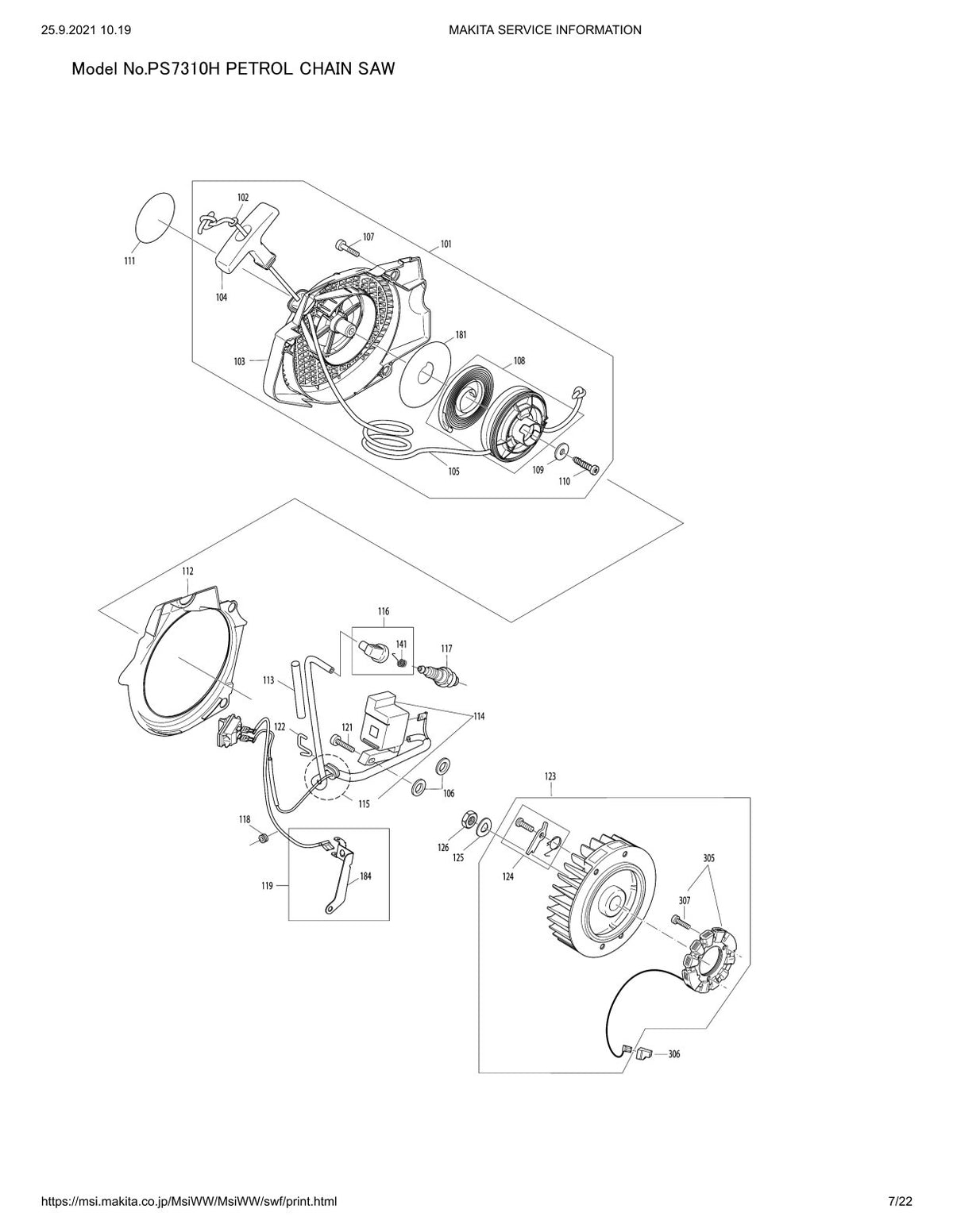 Pièces détachées tronçonneuse thermique Makita PS-7310H