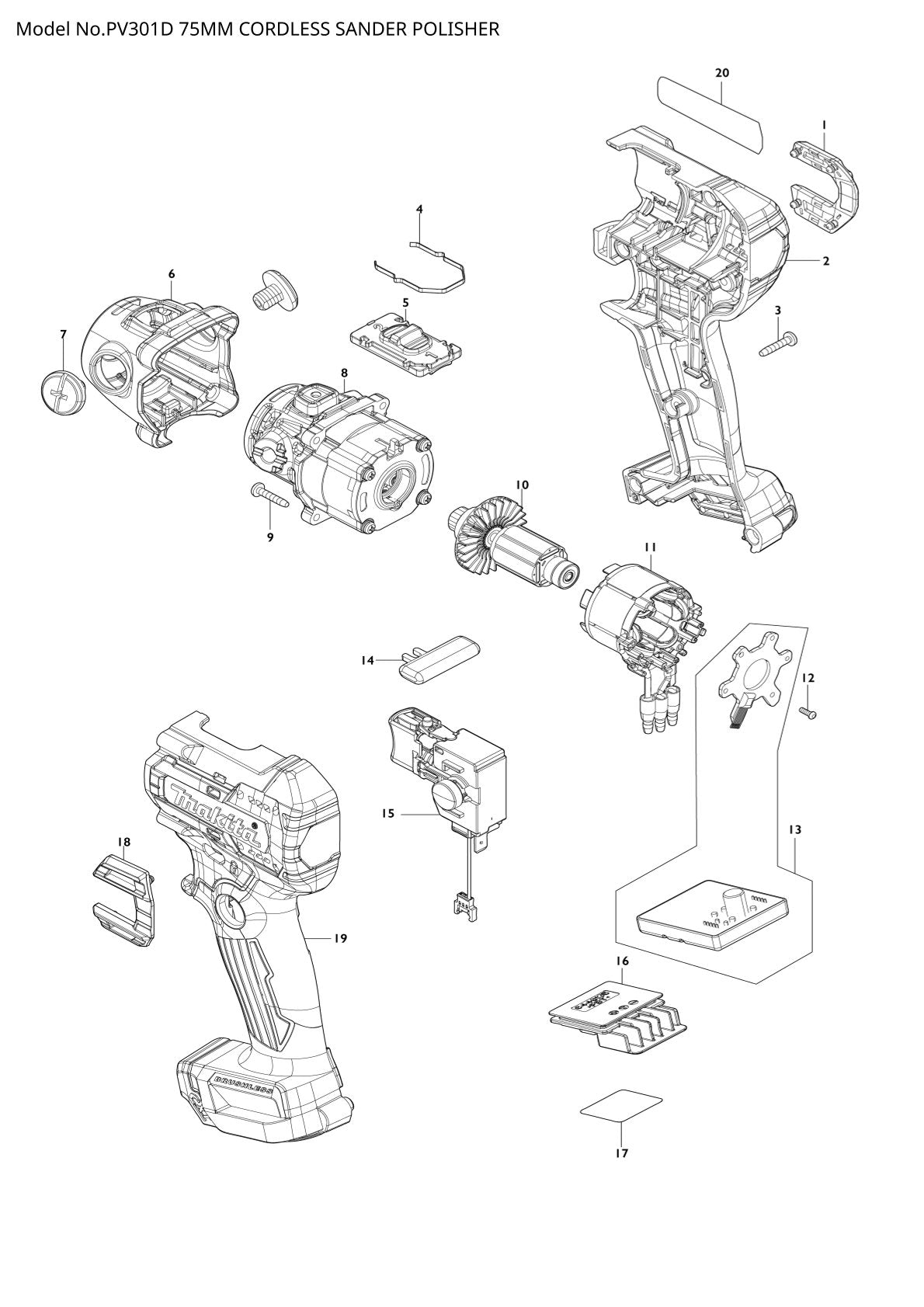 Pièces détachées polisseuse sans fil Makita PV301D