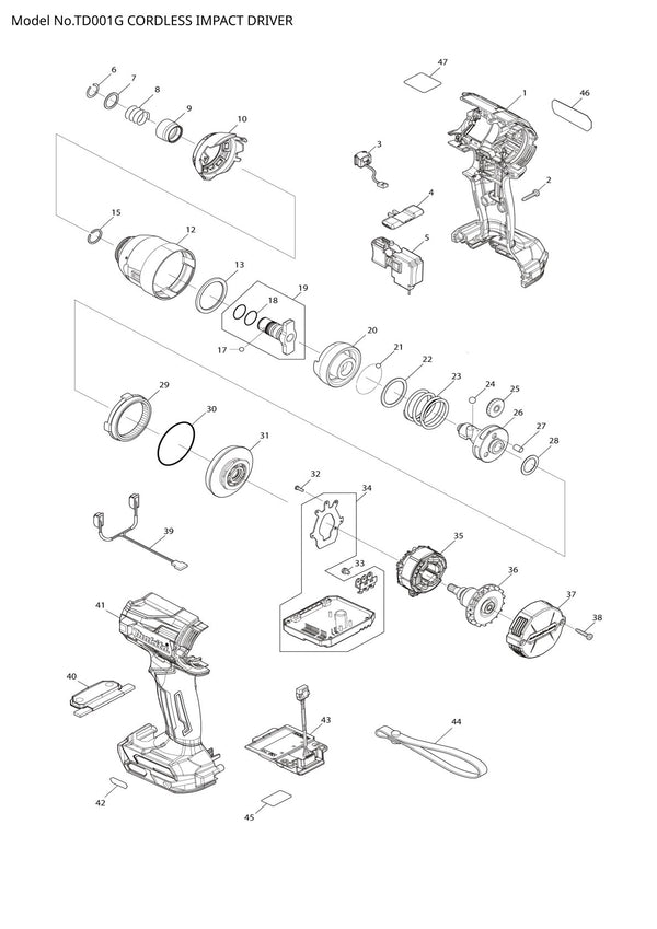 Pièces détachées visseuse à chocs sans fil Makita TD001G