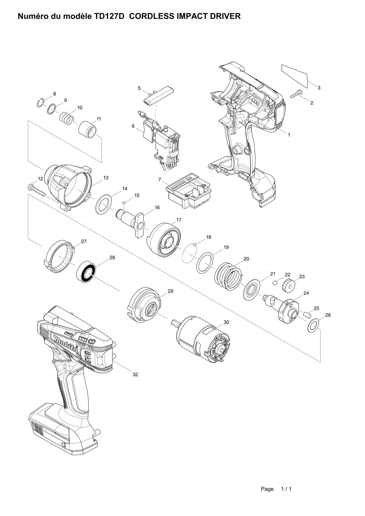 Pièces détachées visseuse à chocs sans fil Makita TD127D