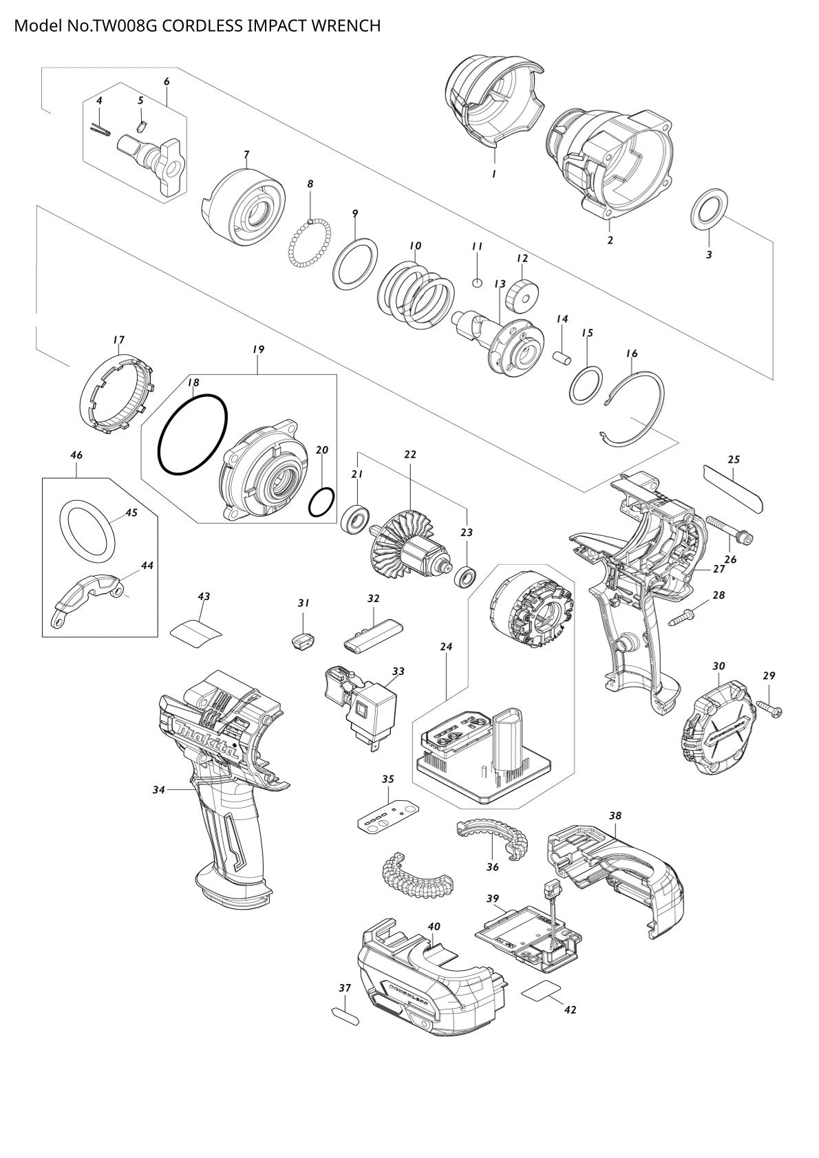 Pièces détachées boulonneuse sans fil Makita TW008G