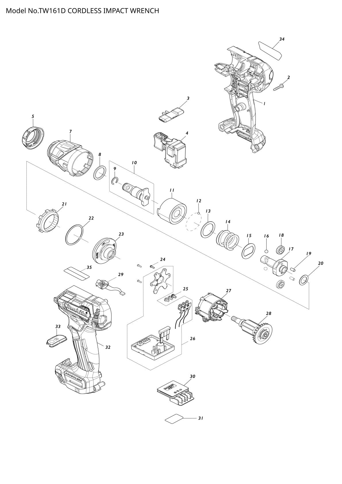 Pièces détachées boulonneuse sans fil Makita TW161D