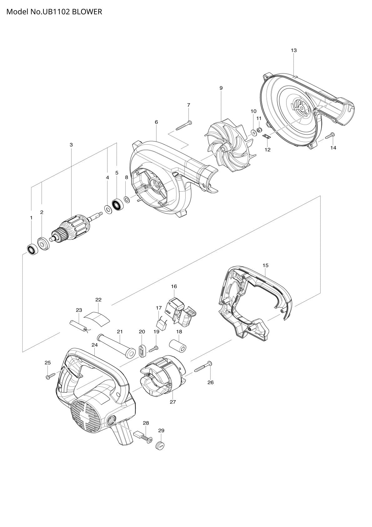 Pièces détachées souffleur électrique Makita UB1102