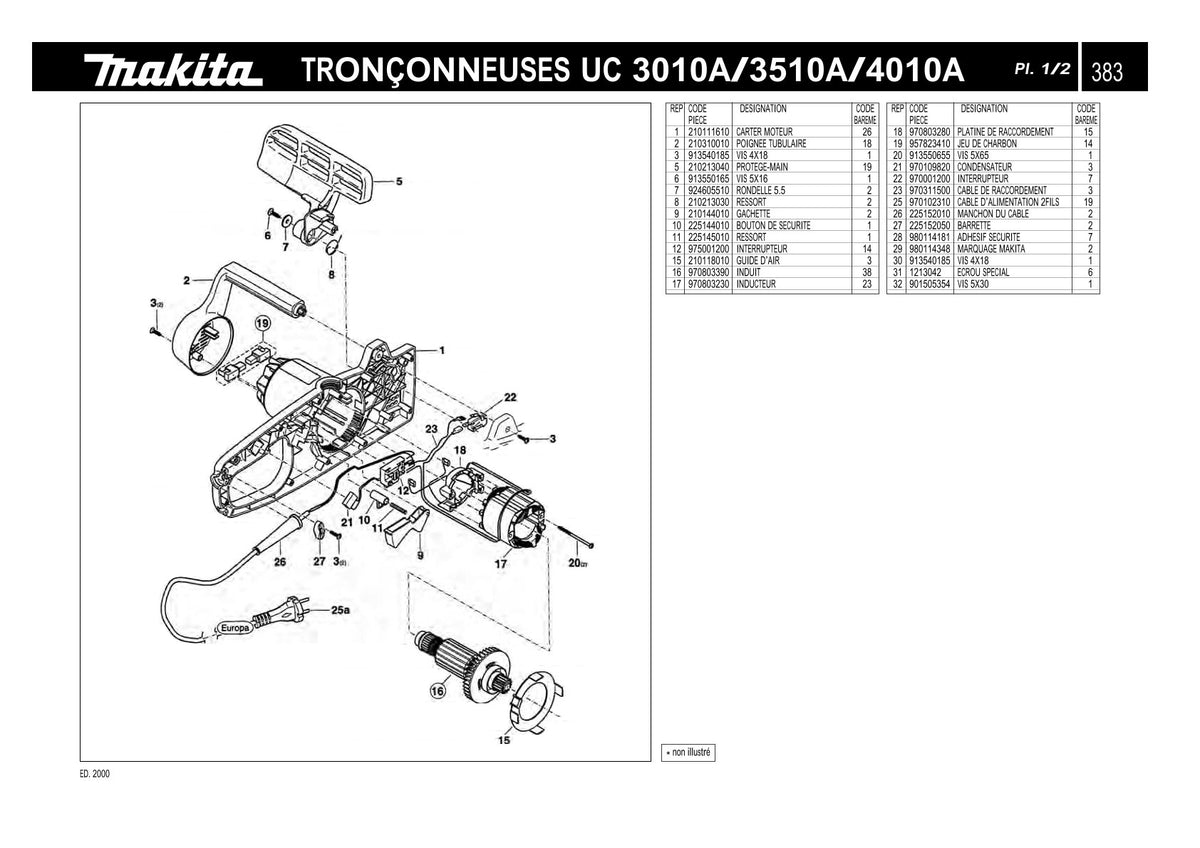 Pièces détachées tronçonneuse électrique Makita UC3010A