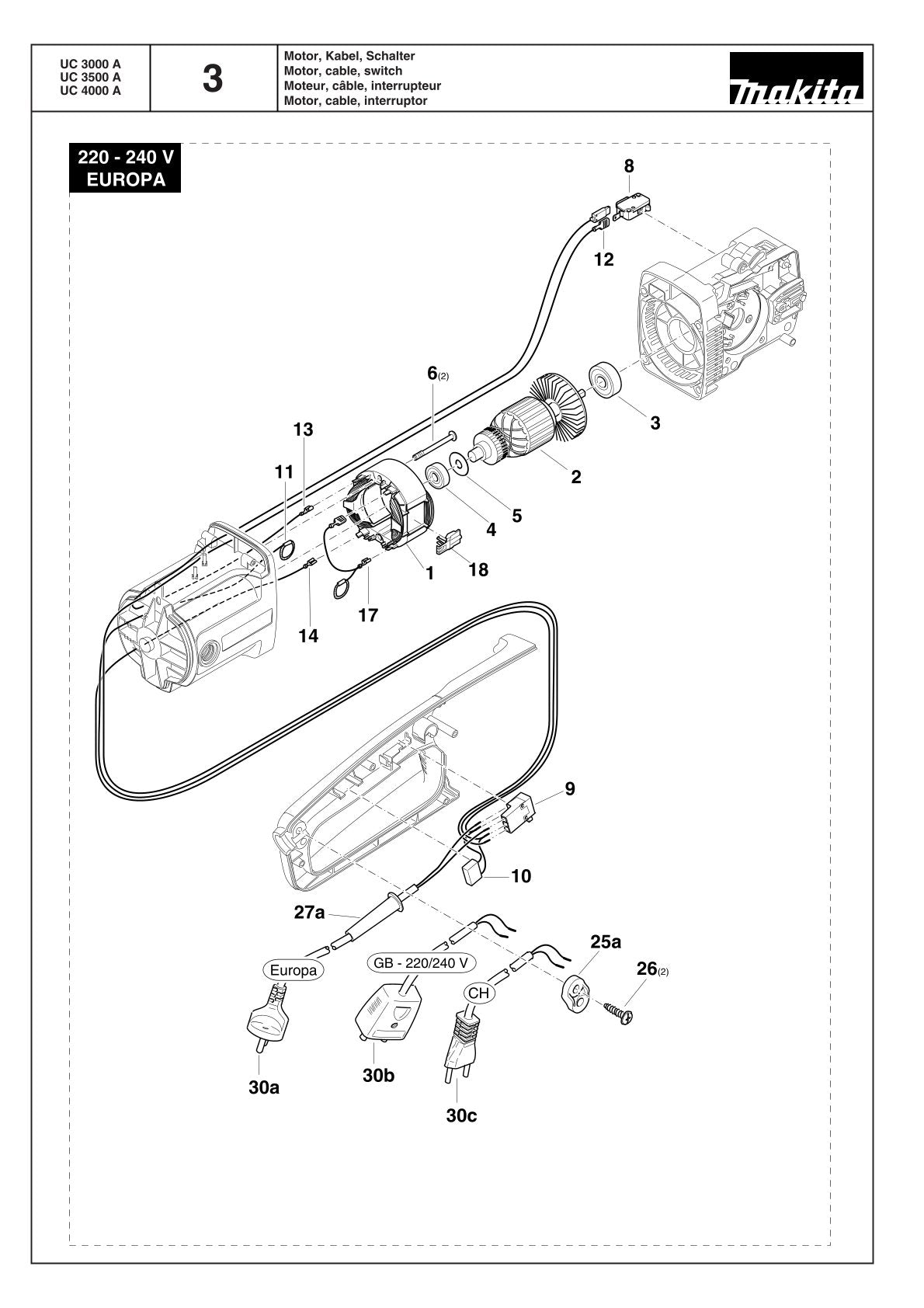 Pièces détachées tronçonneuse électrique Makita UC3500A