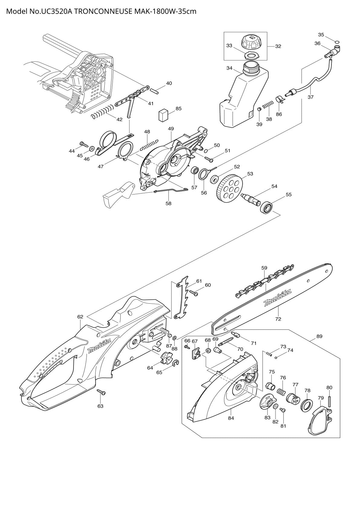 Pièces détachées tronçonneuse électrique Makita UC3520A