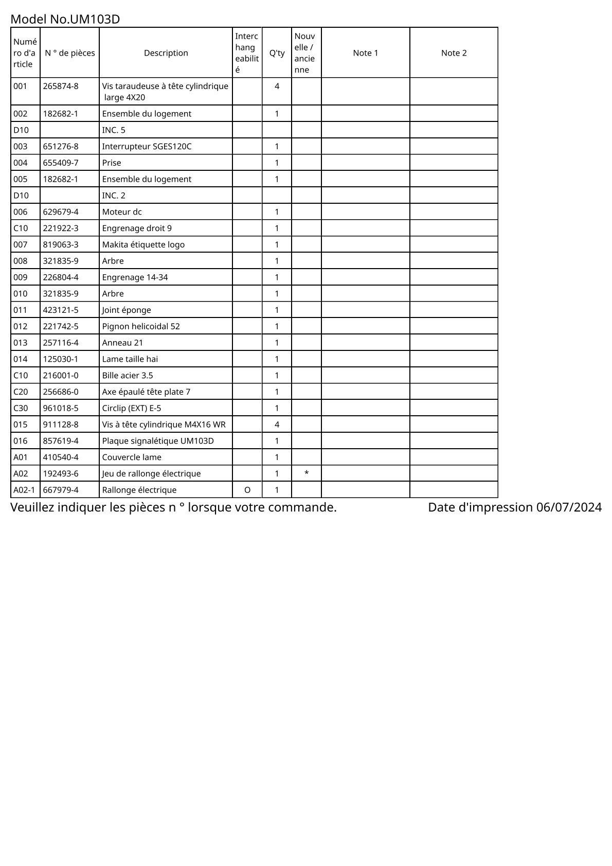 Pièces détachées cisaille à gazon sans fil Makita UM103D