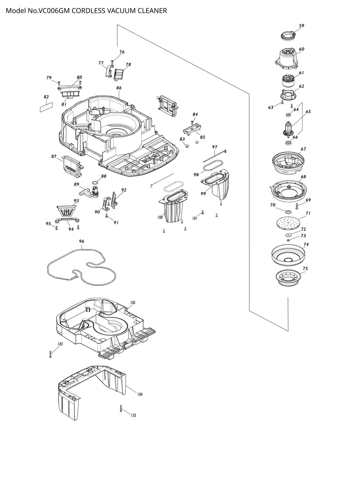 Pièces détachées aspirateur de chantier sans fil Makita VC006GM