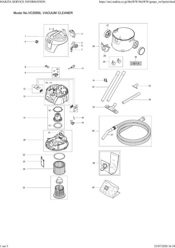 Pièces détachées aspirateur de chantier Makita VC2000L