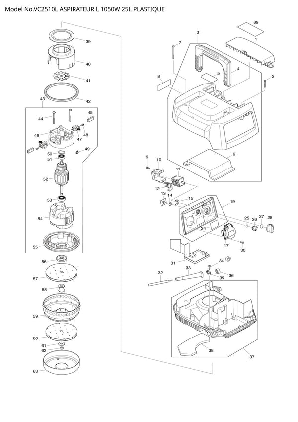 Pièces détachées aspirateur de chantier Makita VC2510L