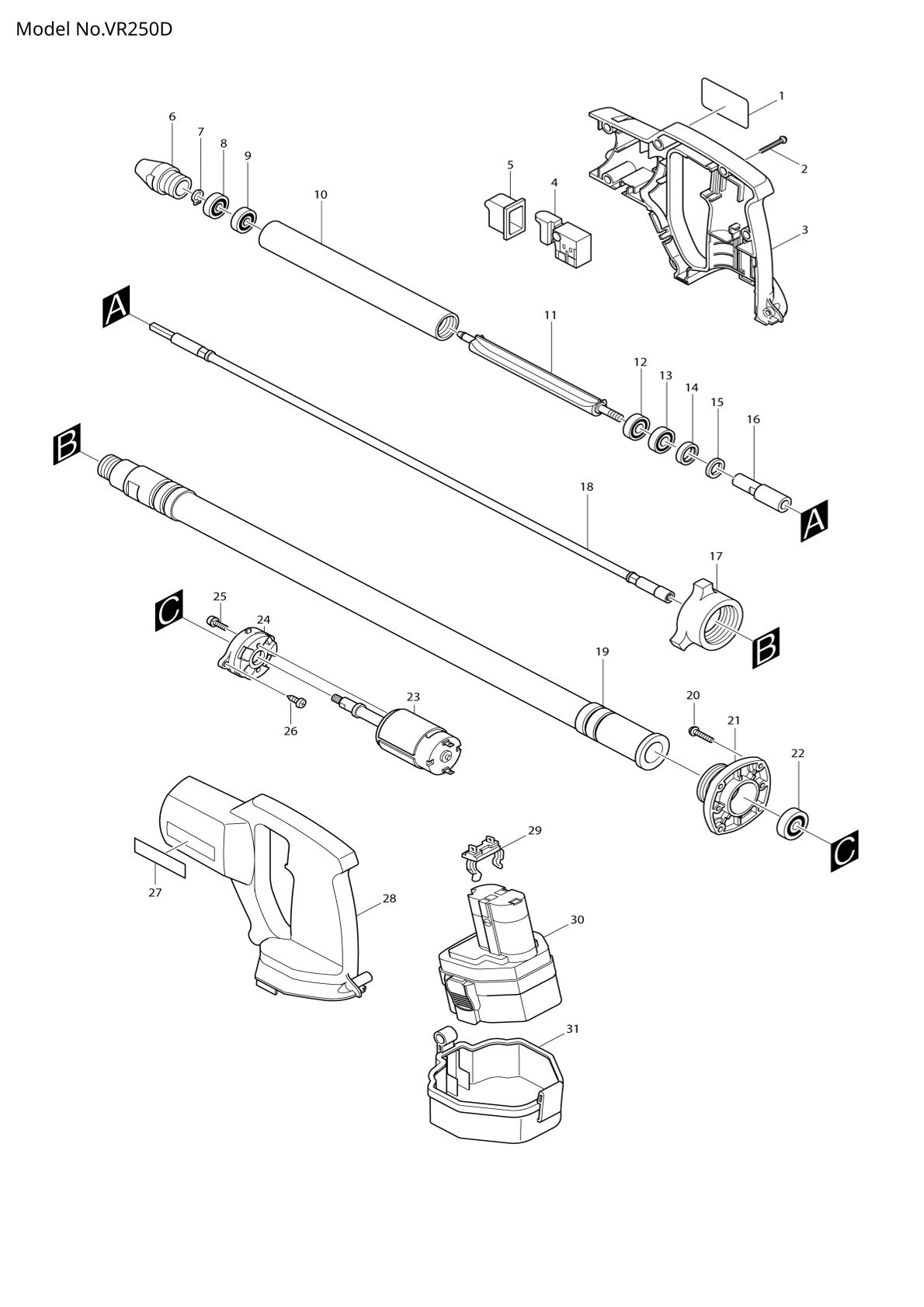 Pièces détachées aiguille vibrante sans fil Makita VR250D