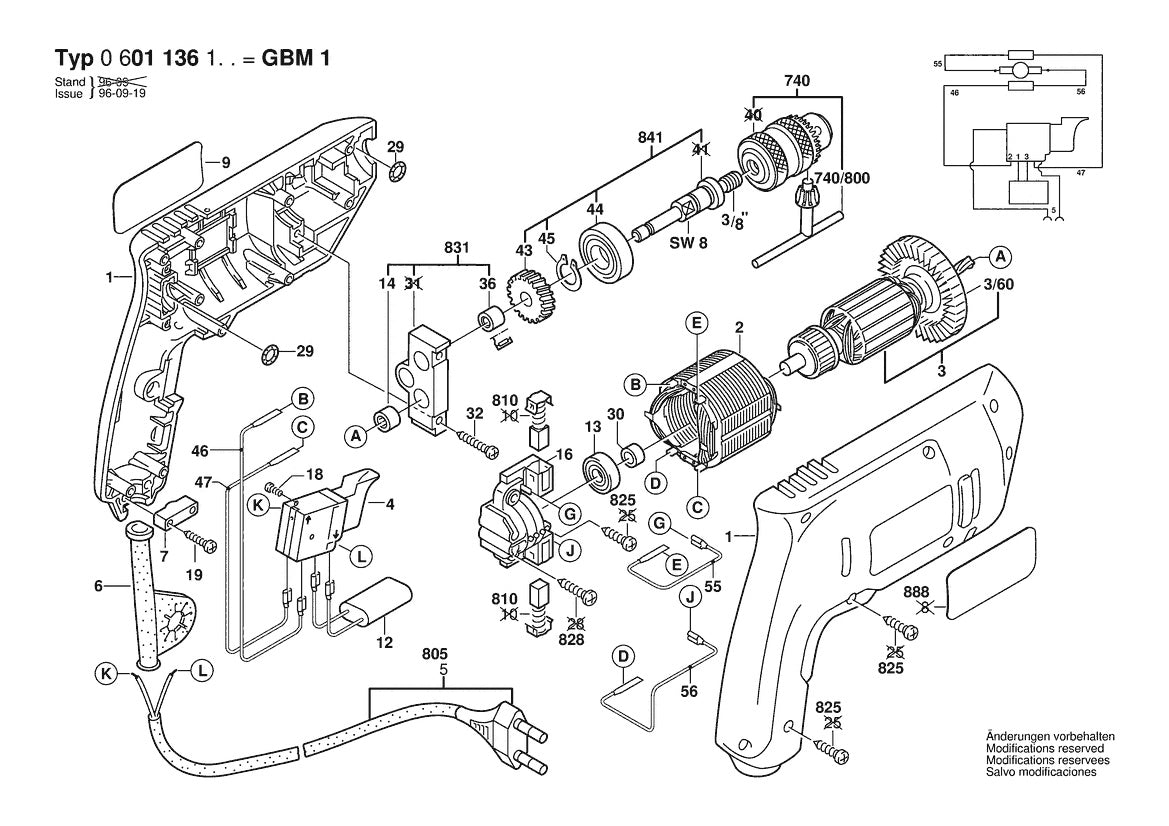 Vue éclatée Bosch GBM 1 4000RPM 0 601 136 165 - page 1