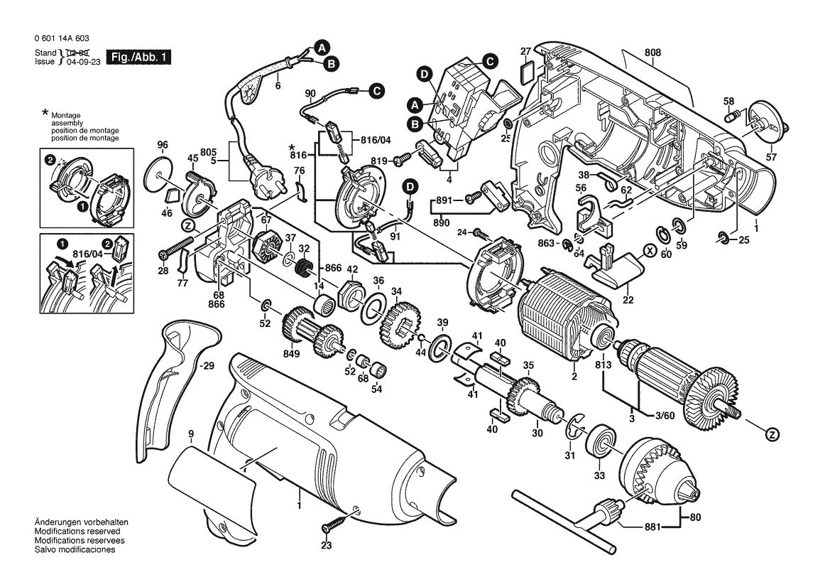 Vue éclatée Bosch GSB 1800-2 RE 0 601 14A 608 - page 1