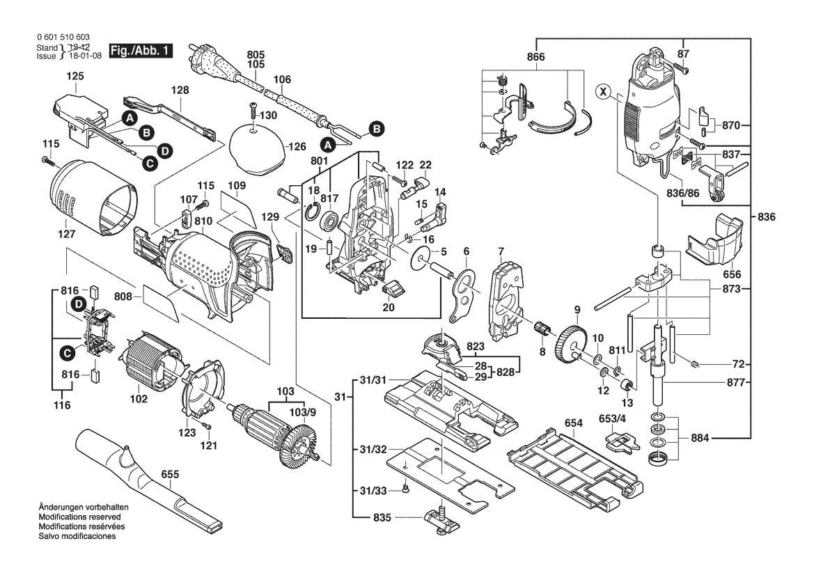 Vue éclatée Bosch GST 120 E BARE 0 601 510 637 - page 1