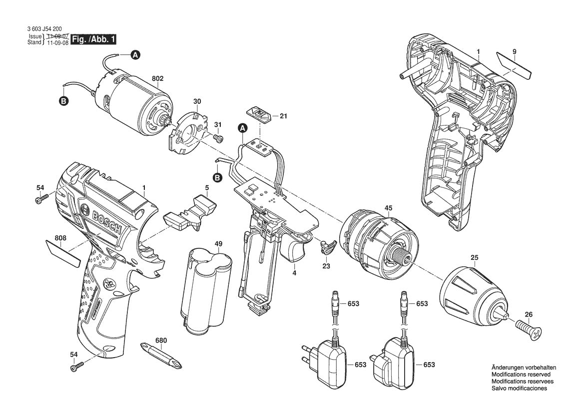 Vue éclatée Bosch PSR 10,8 LI 3 603 J54 203 - page 1