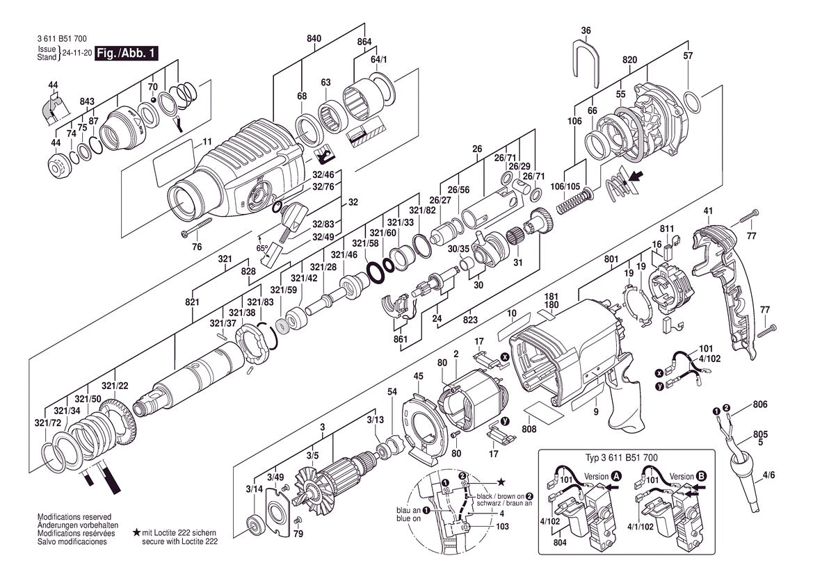 Vue éclatée Bosch GBH 2-26 RE 3 611 B51 700 - page 1