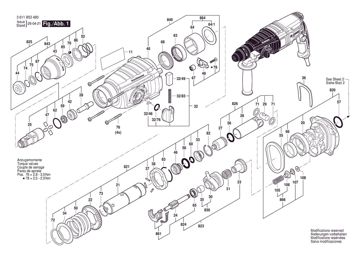 Vue éclatée Bosch GBH 2-26 3 611 B53 440 - page 1