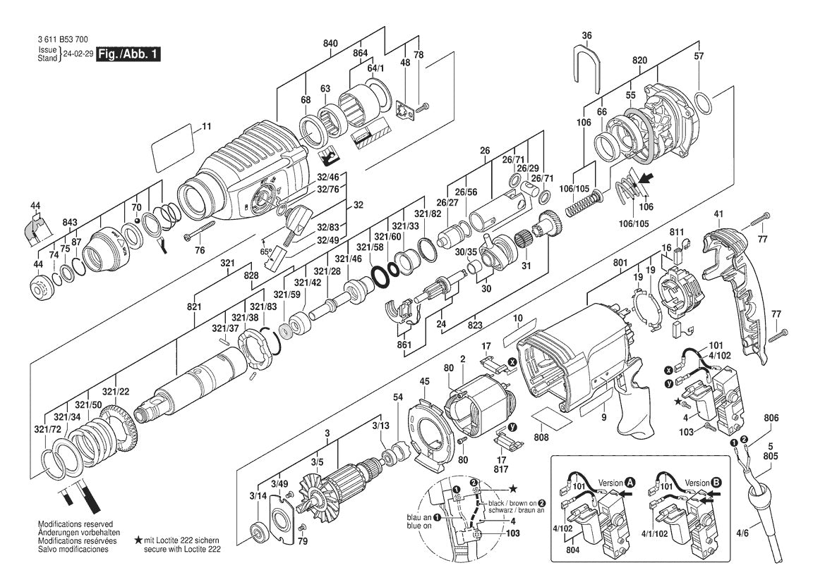Vue éclatée Bosch GBH 2-26 DRE 3 611 B53 790 - page 1