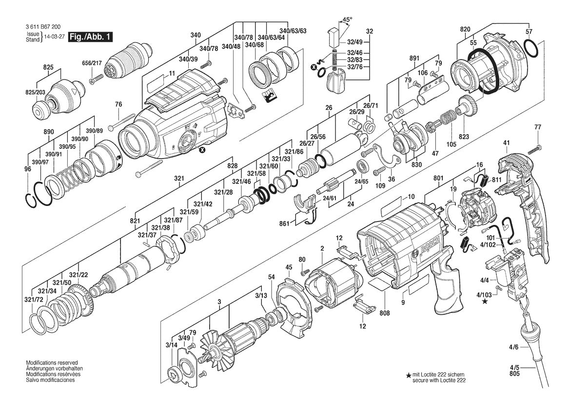 Vue éclatée Bosch GBH 2-28 DFV 3 611 B67 200 - page 1