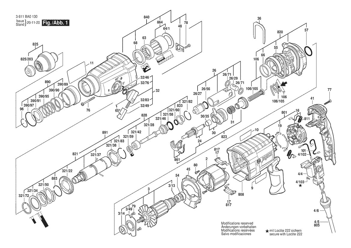 Vue éclatée Bosch GBH 2-24 DV 3 611 BA0 1D0 - page 1