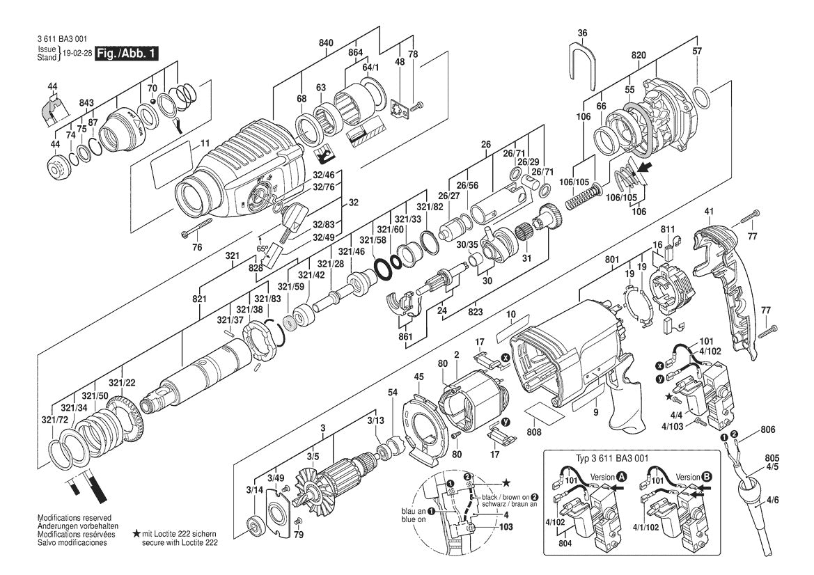 Vue éclatée Bosch GBH 2-26 3 611 BA3 001 - page 1