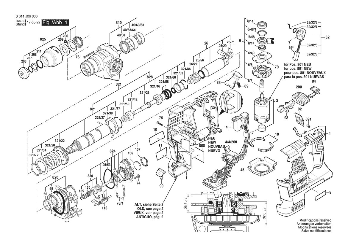 Vue éclatée Bosch GBH 36 V-LI 3 611 J06 000 - page 1
