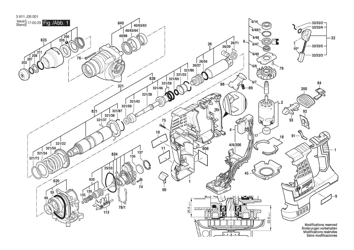 Vue éclatée Bosch GBH 36 V-LI Plus 3 611 J06 051 - page 1