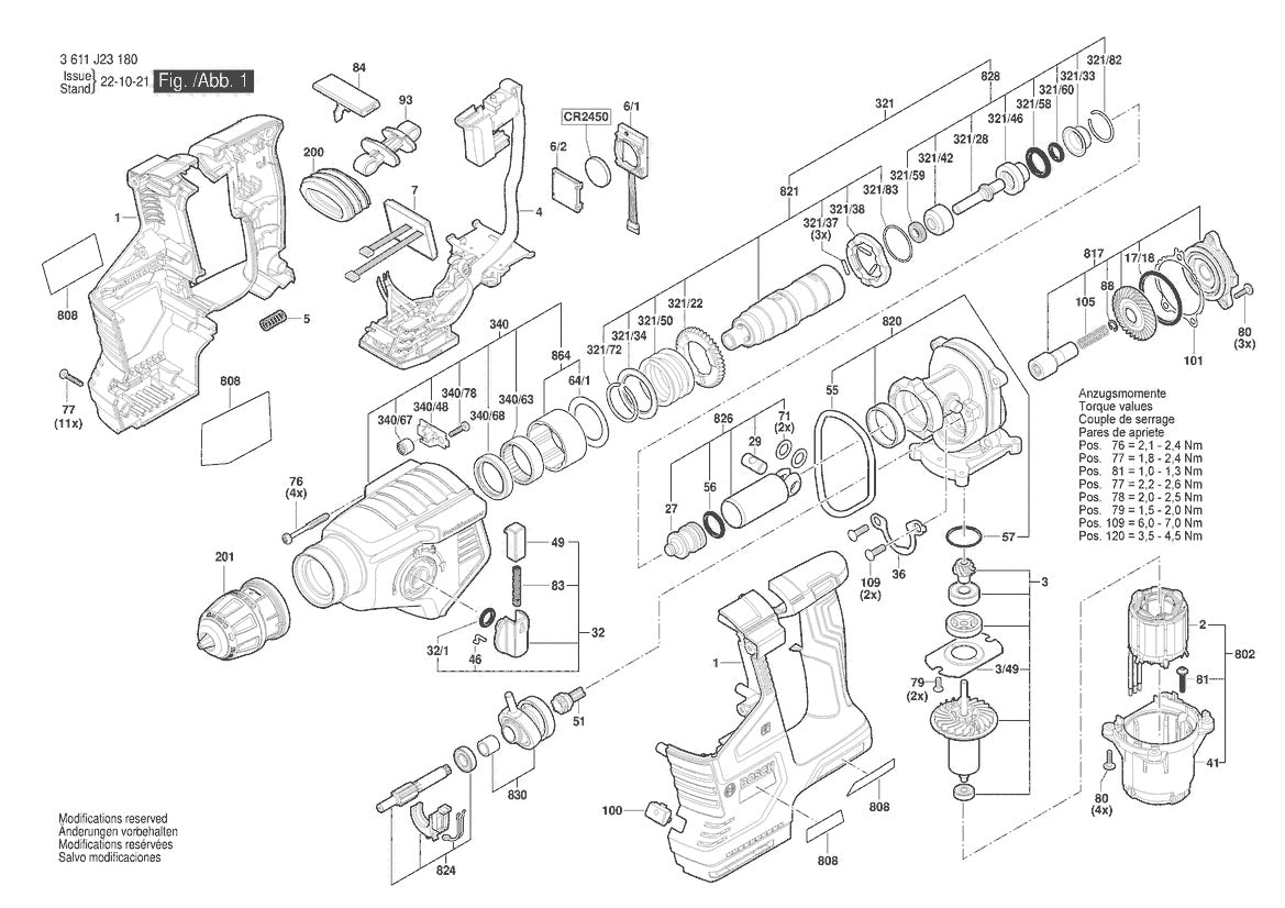 Vue éclatée Bosch GBH 187-LI 3 611 J23 120 - page 1