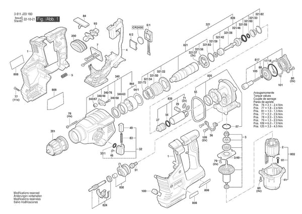 Vue éclatée Bosch GBH 187-LI 3 611 J23 120 - page 1