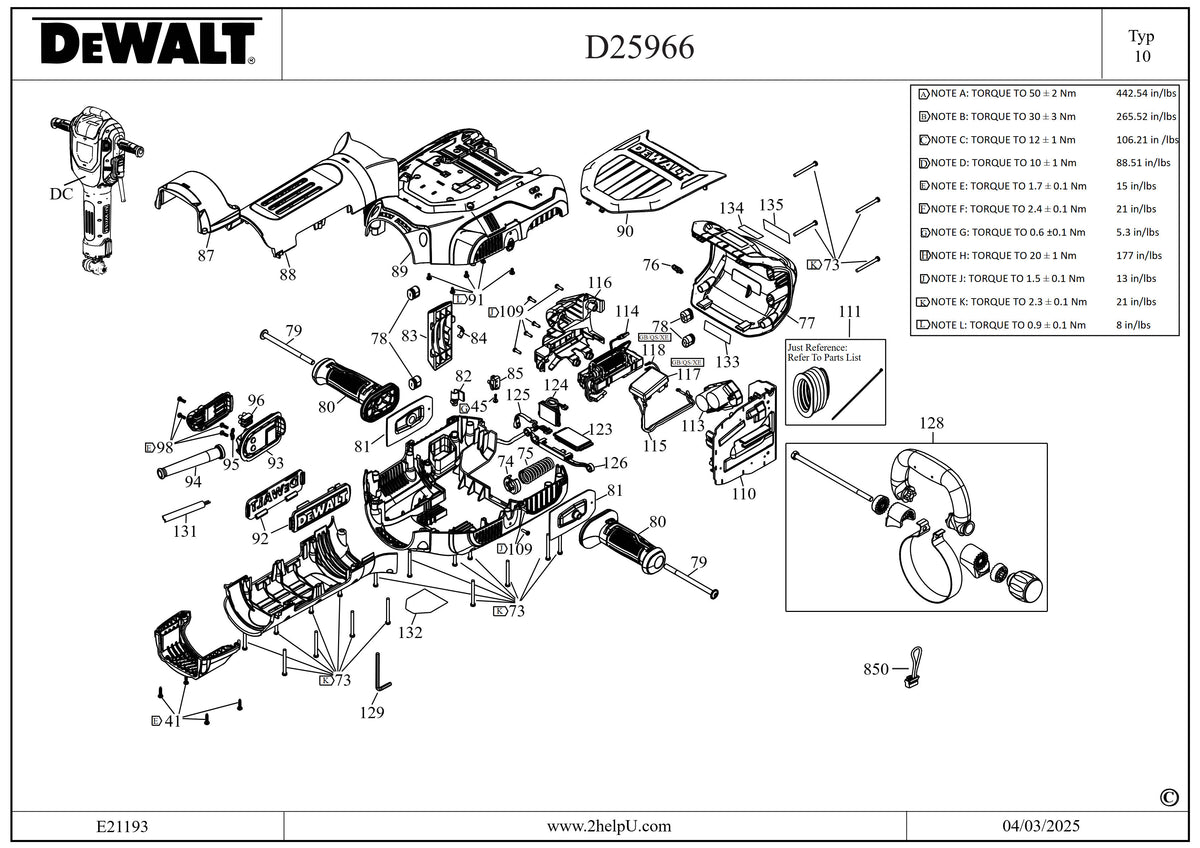 Vue éclatée DeWalt D25966 Type 10 - planche 1