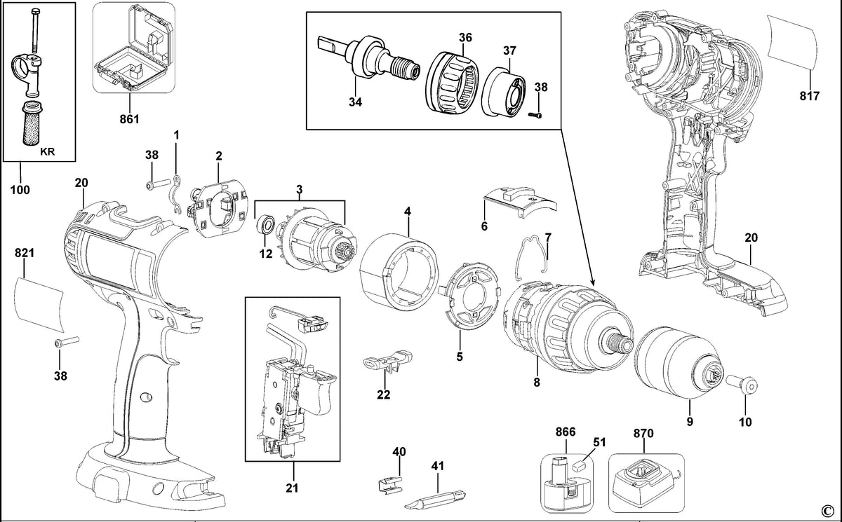 Vue éclatée DeWalt DC722K Type 1 - planche 1