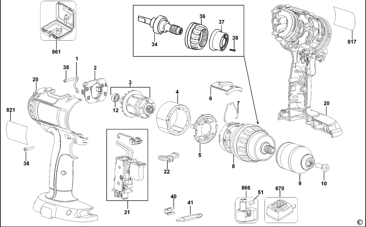 Vue éclatée DeWalt DC722K Type 10 - planche 1